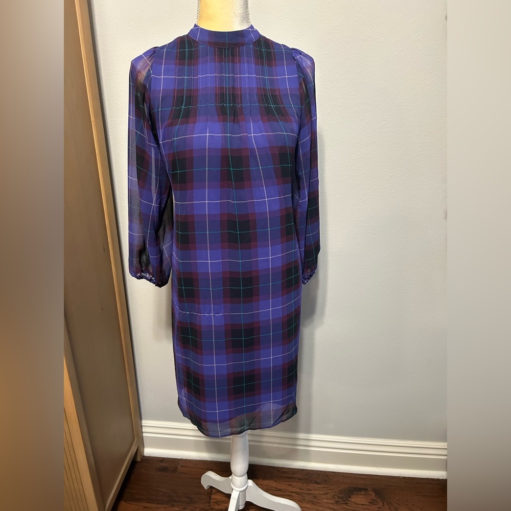 NWT Ann Taylor Plaid Purple Dress Sheer Sleeves Sz XS Petite Office